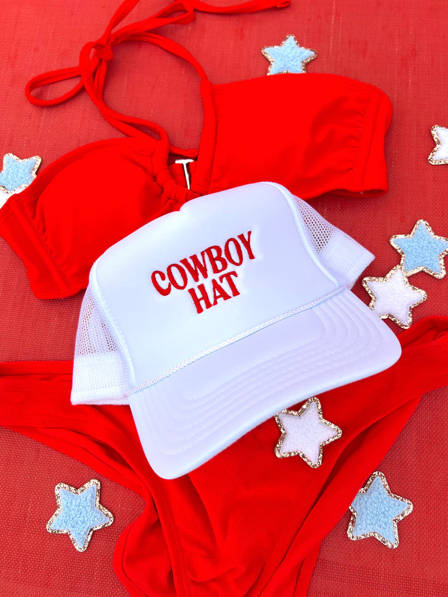 Cowboy Hat Embroidered - White w/ Red | KenzKustomz