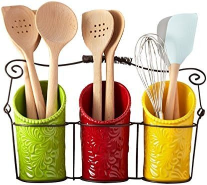 Kitchen Utensil Holder Set (4 Pieces) - 3 Ceramic Crocks & 1 Portable Wire Caddy - Multi-Color | Amazon (US)