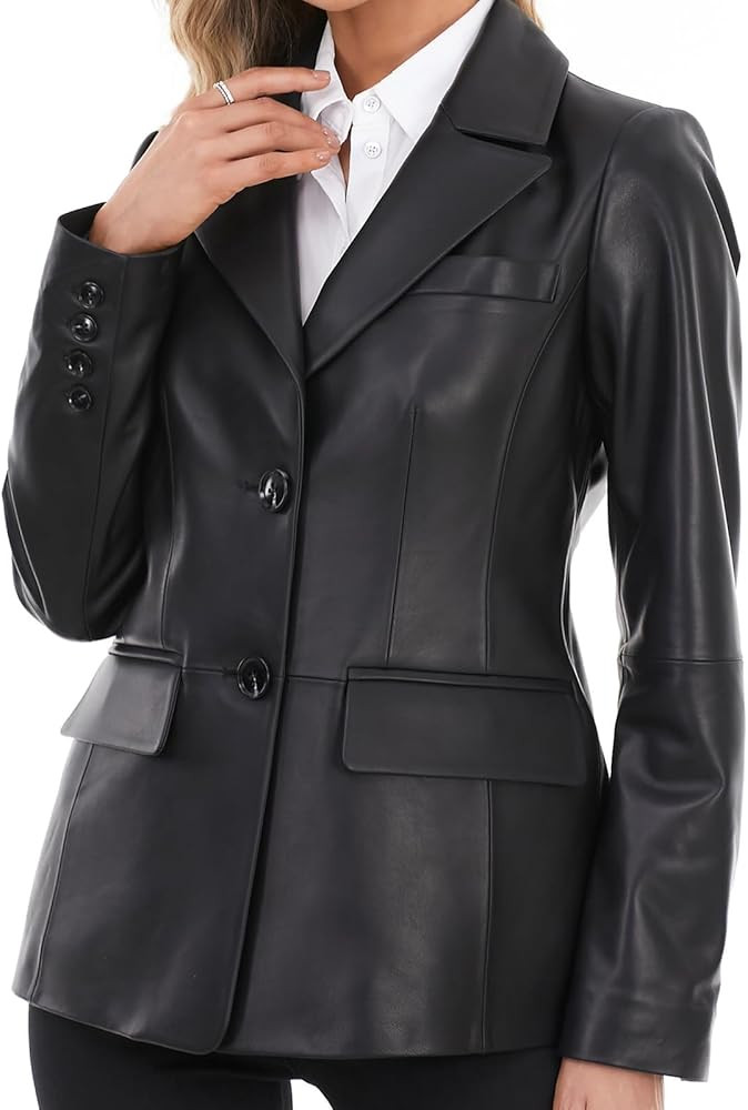 Lambskin Leather Jacket Women,Long Sleeve Button Front Leather Blazer,Notched Lapel Casual Style,... | Amazon (US)