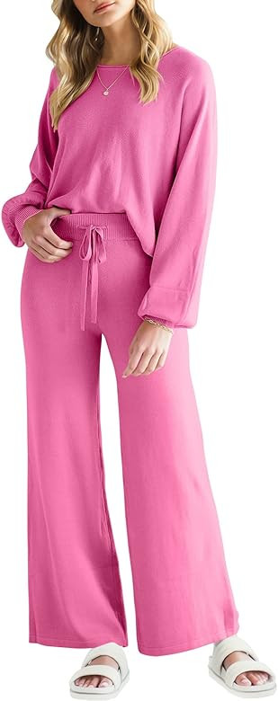 ANRABESS Women’s Two Piece Outfits Sweatsuit Long Lantern Sleeve Crewneck Crop Top with Wide Le... | Amazon (US)