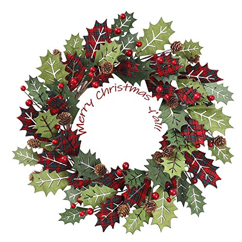 YNYLCHMX 20 Inch Christmas Wreath for Front Door, Door Christmas Wreath with Holly Leaves Berries Pinecones, Home Decor for Outdoor Indoor, Reef, Windows, Wall, Holiday Decoration | Amazon (US)