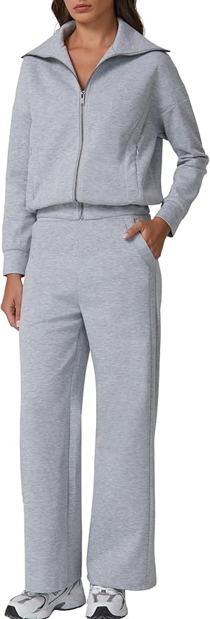 QINSEN Women's Cotton 2 Piece Outfits Lapel Long Sleeve Zip Up Sweatshirt Wide Leg Pants Matching... | Amazon (US)