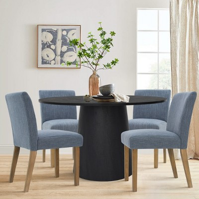5-Piece Wood Dining Set for 4,Black Round Dining Table with 4 Blue Linen Upholstered Side Dining Chairs,Dining Room Kitchen-Panipeachy | Target