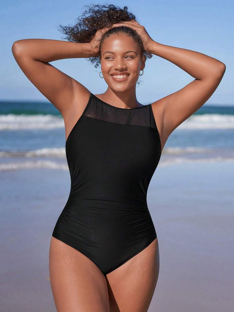 SHEIN DD+ Contrast Mesh Ruched Side One Piece Swimsuit | SHEIN