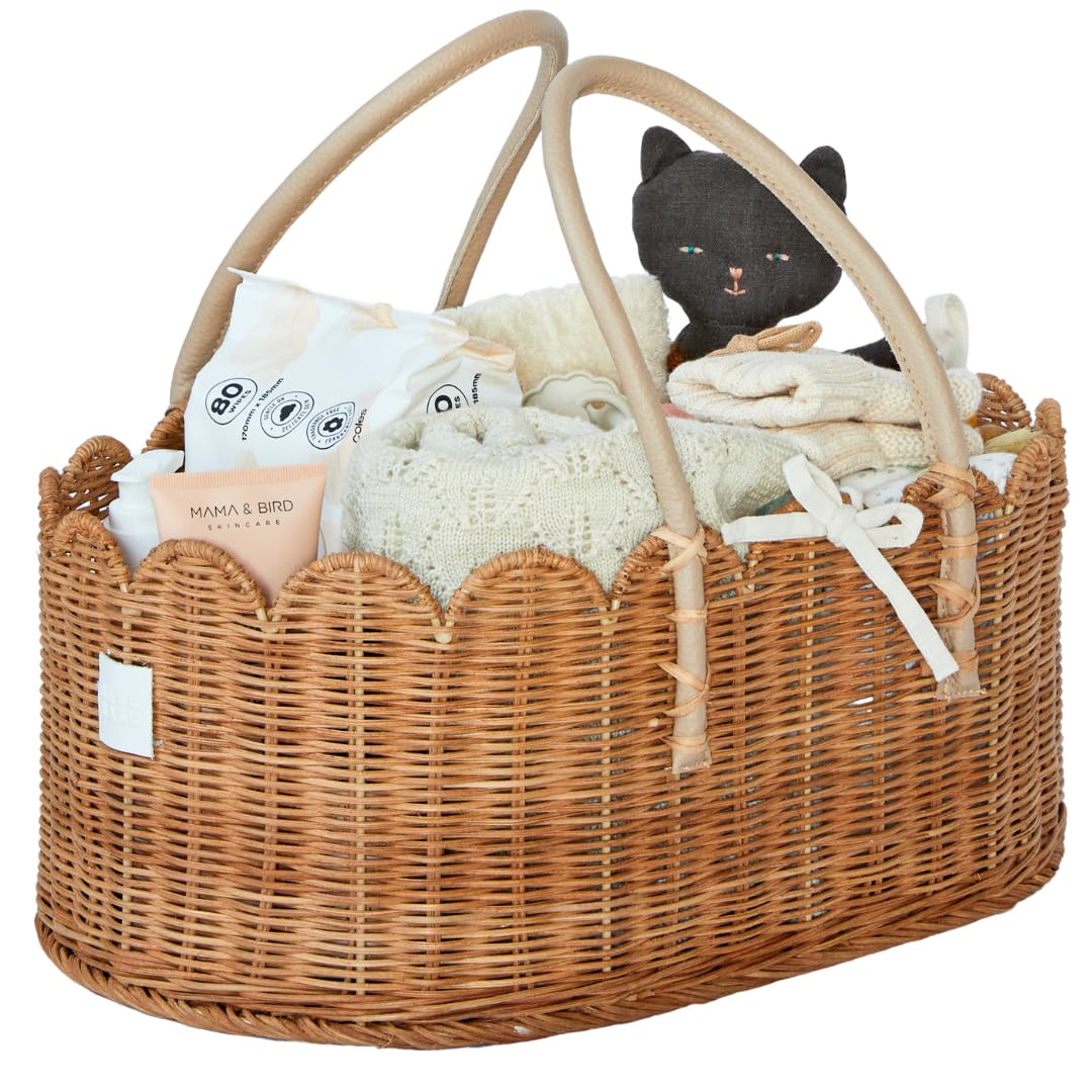 BEBE BASK Premium Baby Diaper Caddy Organizer - Handmade & Award-Winning Scalloped Rattan Basket - Luxury Diaper Caddy Basket - Elegant Scalloped Edge (Mocca) | Amazon (US)