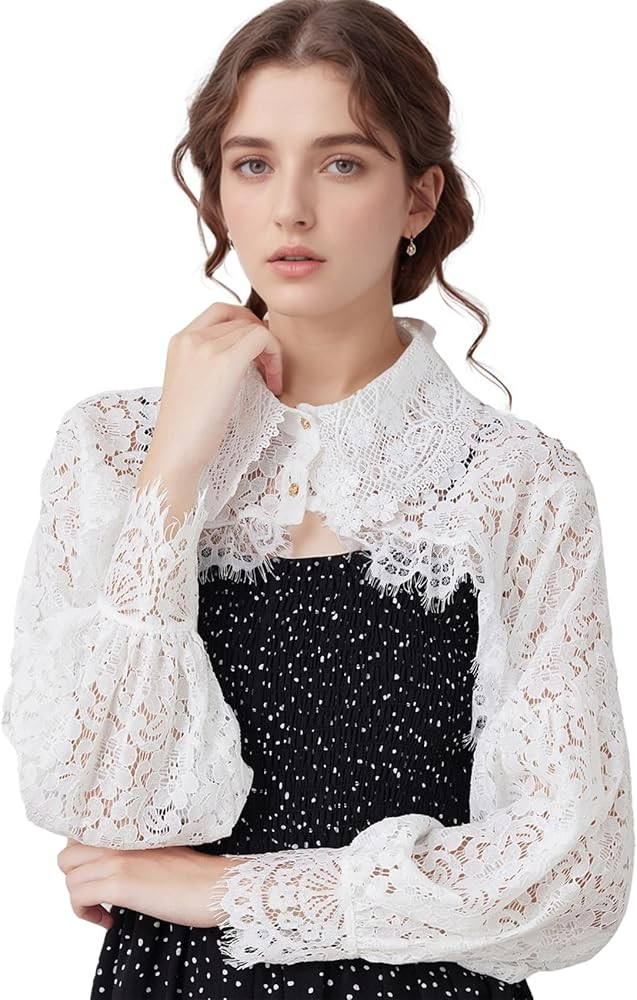 Fake Collar Shirt Long Sleeves Lace Shrug Victorian Blouse Crop Top Dickey Collar for Women | Amazon (US)