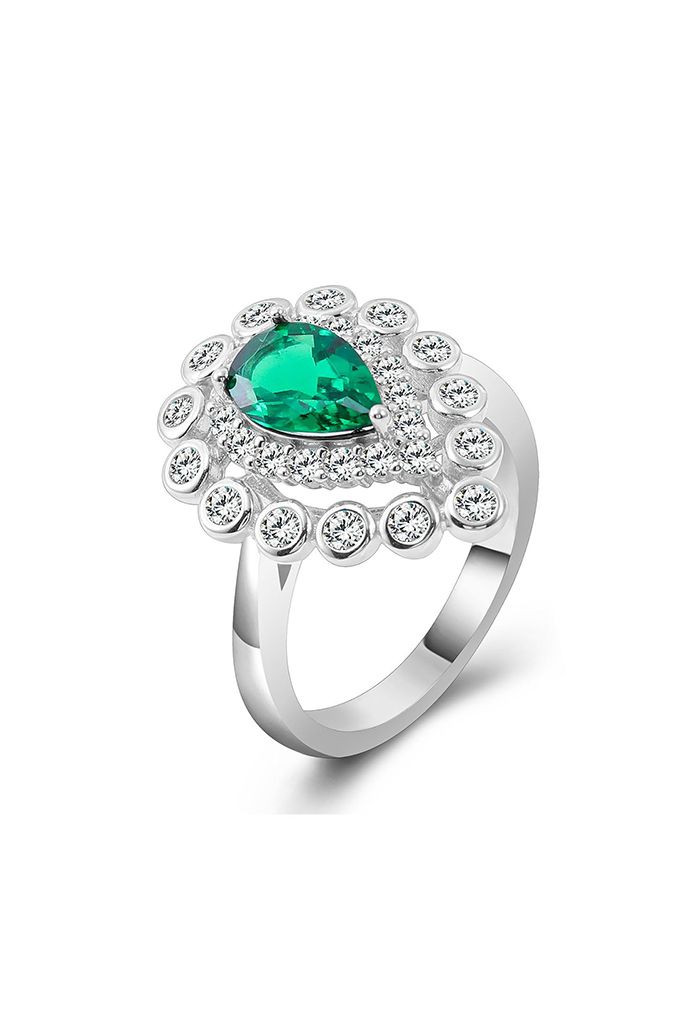 Pear Emerald Gem Diamond Trim Ring | Chicwish