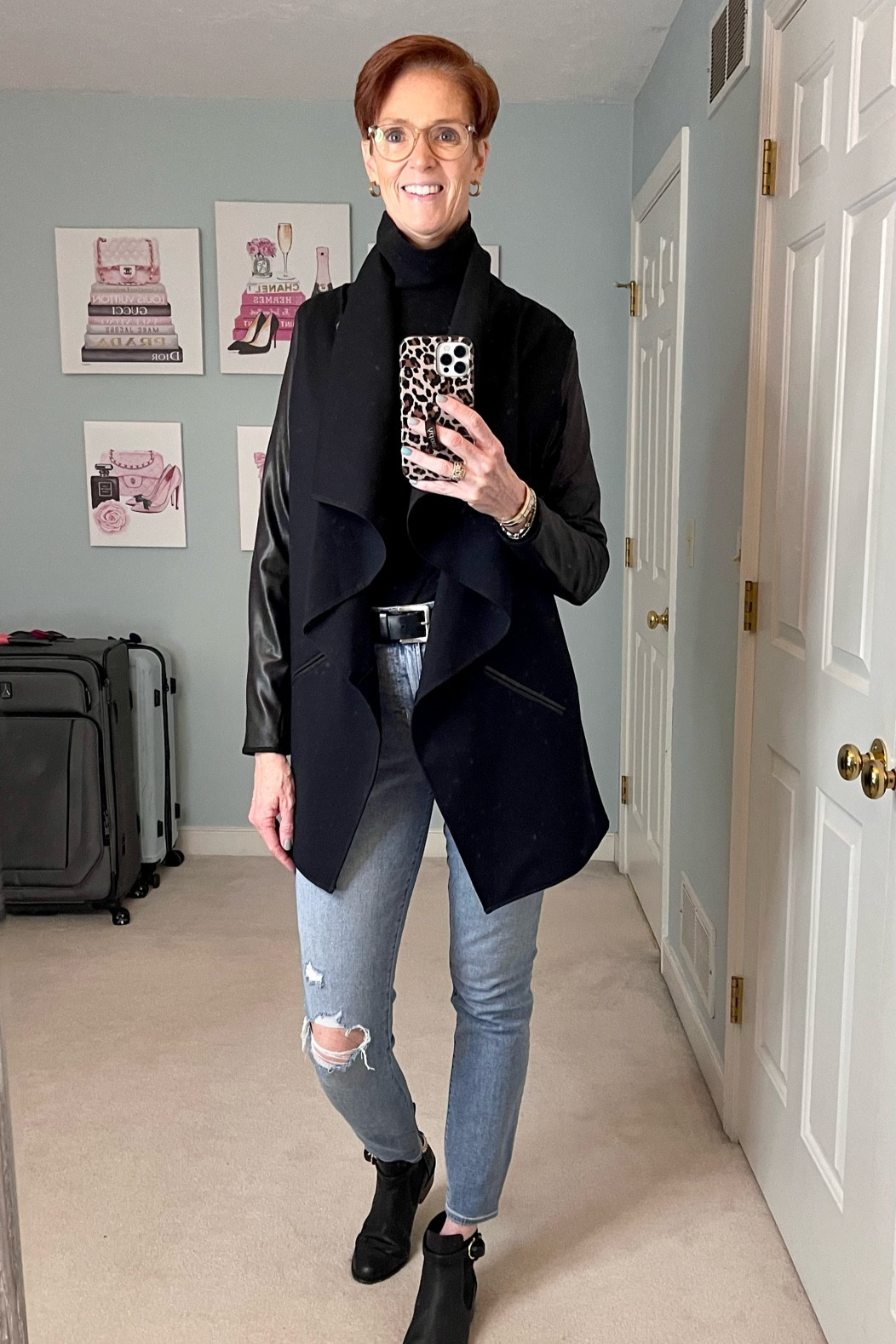 Black top with black jacket and jeans is classic with a pair of black booties.

Black drape collar jacket, black top, jeans, black booties, tall friendly outfit, over fifty outfit, classic outfit

#LTKstyletip