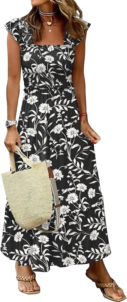 ANRABESS Womens Summer Sleeveless Maxi Dress Square Neck Smocked Boho Casual Ruffle Strap Flowy A... | Amazon (US)