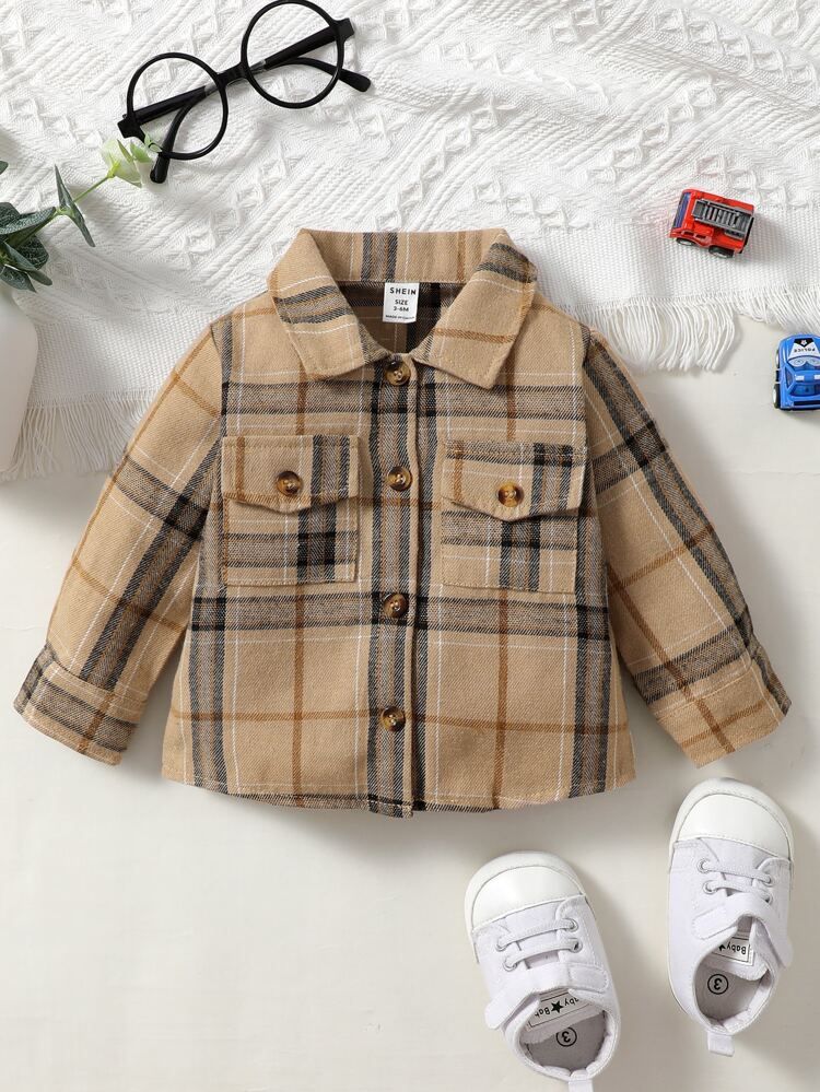 Baby Plaid Button Front Flap Pocket Patched Shirt | SHEIN