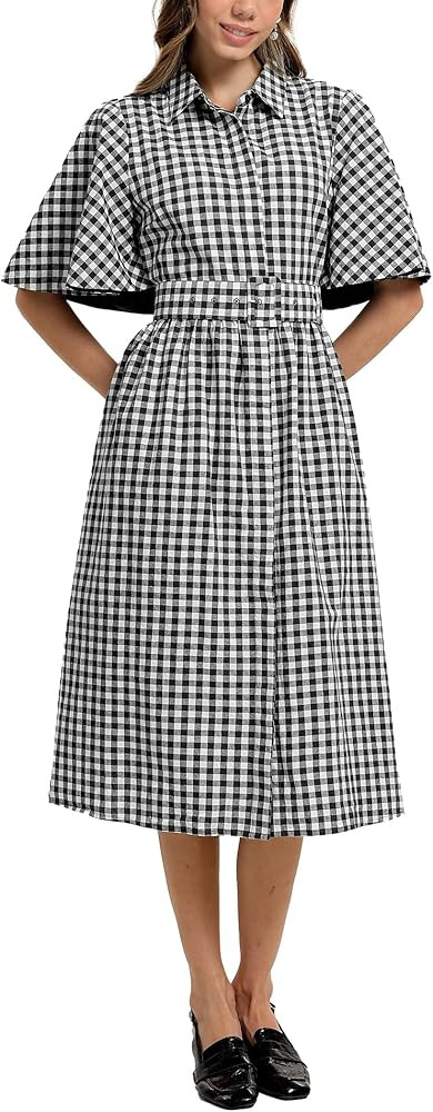 D-Sun Women Plaid Shirt Dress Button Down Gingham Collared Short Cape Sleeves V Neck Casual Belt ... | Amazon (US)