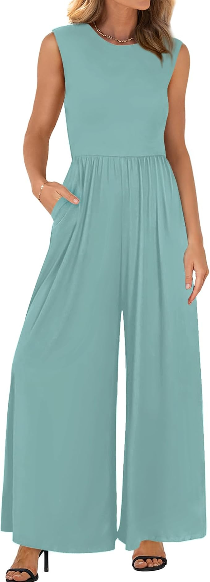 BTFBM Womens Casual Jumpsuits Dressy 2026 Spring One Piece Outfits Crew Neck Sleeveless Knit Wide... | Amazon (US)