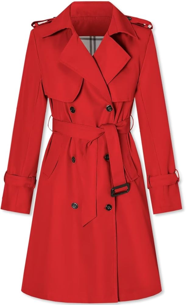 Women's Long Trench Coat Double-Breasted Classic Windbreaker Lapel Dress Outerwear with Belt, Red... | Amazon (US)
