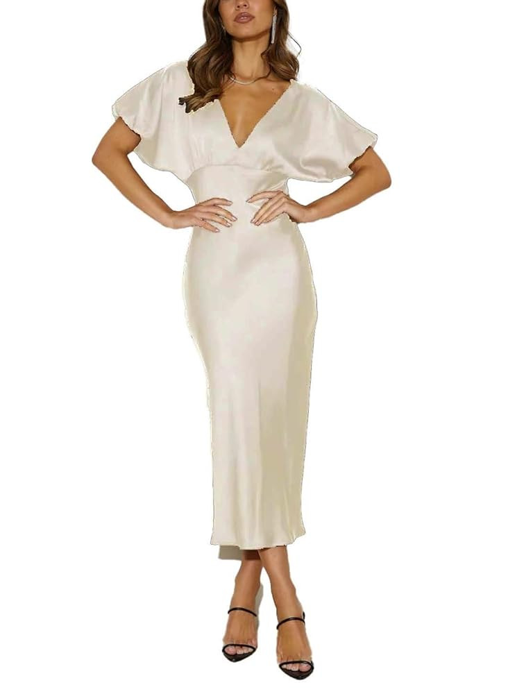 Summer Satin V Neck Puffy Sleeves High Waist Midi Dresses Silk Sexy Tie Back Formal Cocktail Dres... | Amazon (US)