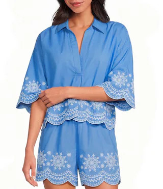 French Connection Alissa Embroidered Collared V-Neck Short Sleeve Coordinating Popover Top | Dill... | Dillard's
