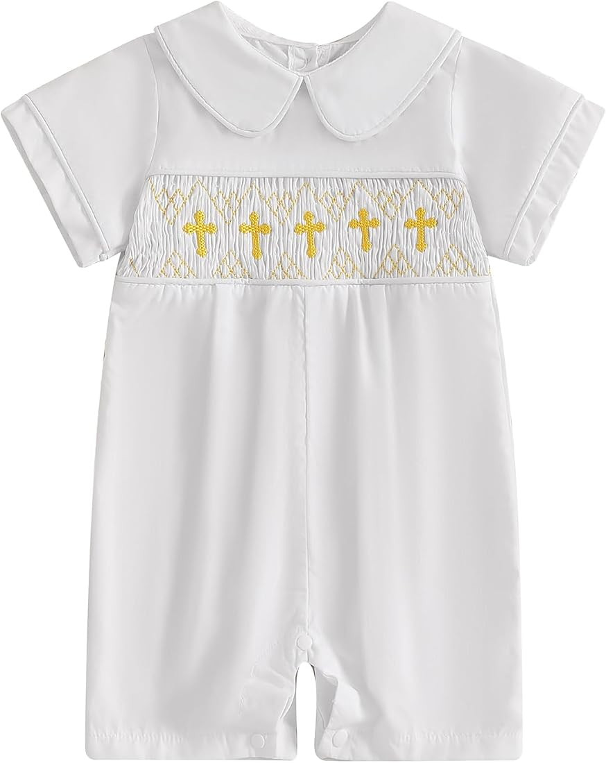 Lamuusaa Newborn Baby Boy Baptism Outfit Perter Pan Collar Romper Crosses Embroidery Jumpsuit Chr... | Amazon (US)