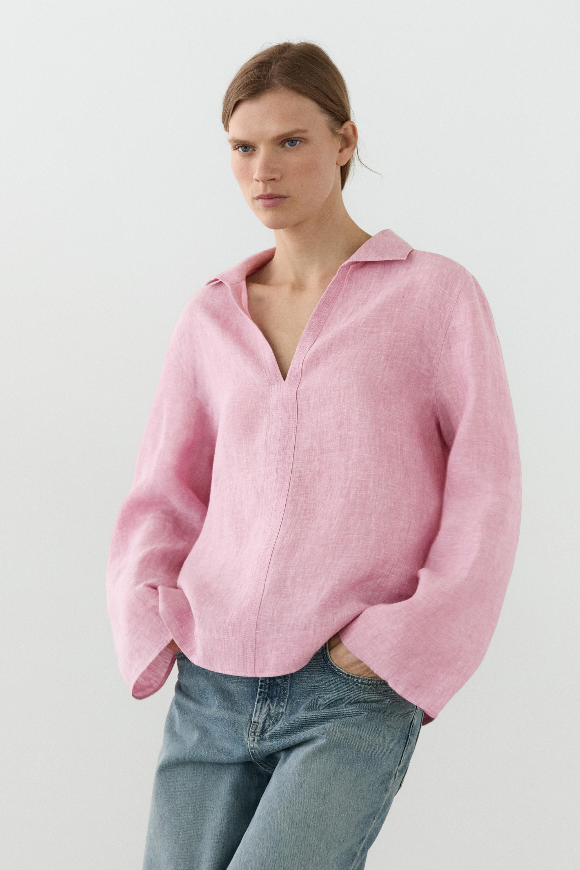 100% linen notch lapel collar blouse | Massimo Dutti UK
