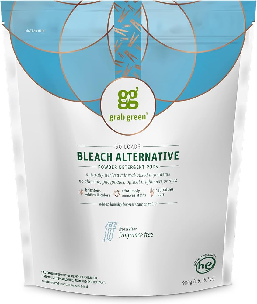 Grab Green Bleach Alternative Pods, 60 Count, Chlorine Free, Fragrance Free, Plant and Mineral Ba... | Amazon (US)