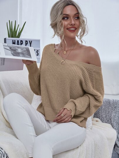 Drop Shoulder Ripped Trim Crisscross Backless Sweater | SHEIN