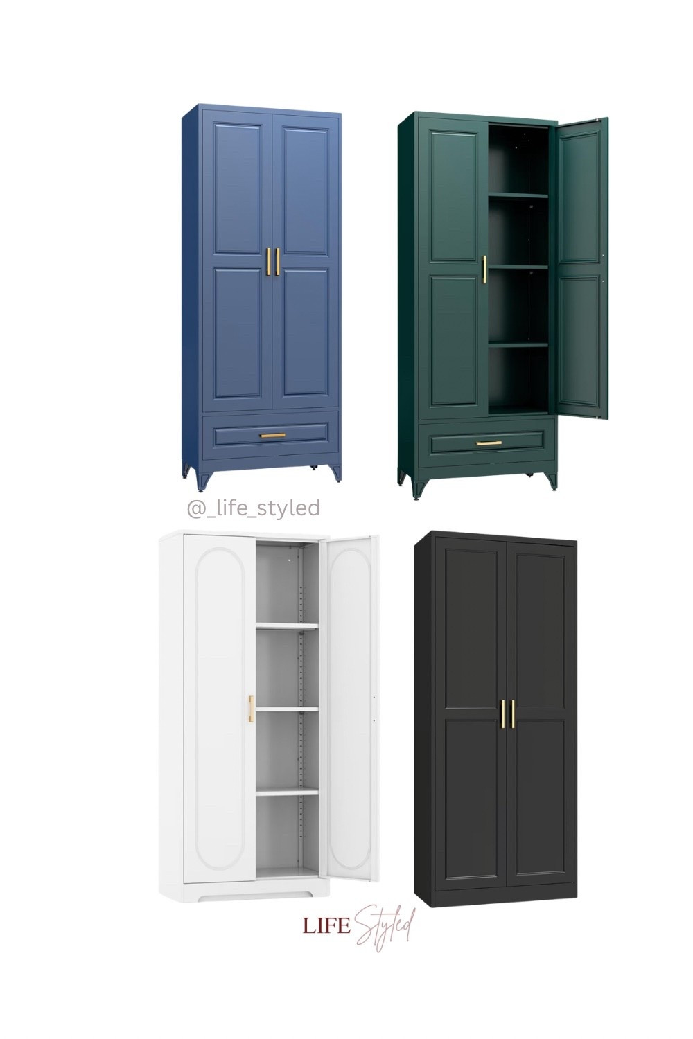 Not your average garage cabinets 👀 75” tall metal storage with gold handles, serious shelf space, and doors that feel custom. Arched or clean-line styles in black, white, slate blue, or emerald green — plus optional drawers.

#LTKHome #LTKWedding #LTKMens