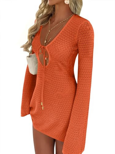 ANRABESS Swimsuit Cover Up for Women Crochet Bathing Suit 2026 Summer Swimwear V Neck Mesh Knit Dress Beach Vacation Clothes Medium Orange | Amazon (US)