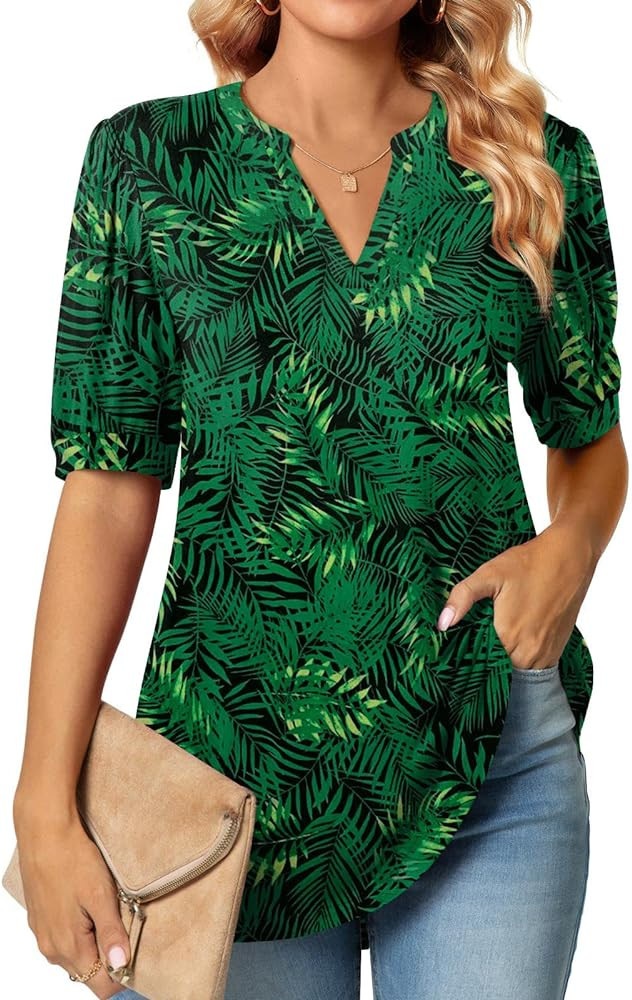Anyally Womens Summer Puff Short Sleeve Tops Dressy Casual V-Neck T-Shirts Cute Blouse for Work | Amazon (US)