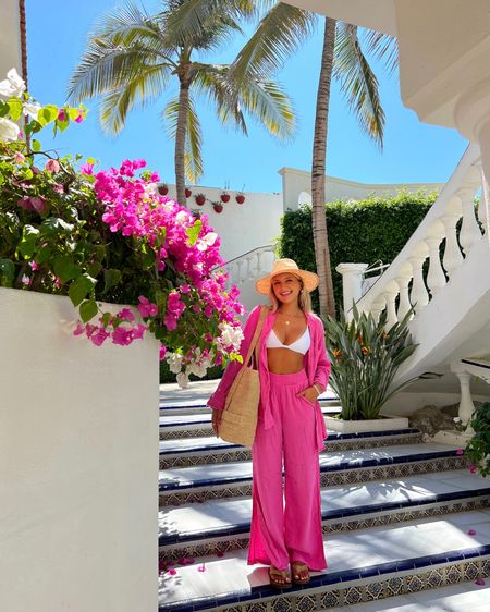 perfect mornings in paradise wearing my favorite @aerie cover ups! their new pool to party collection is *so* good - lightweight linens that will keep you cool + keep you looking like you just stepped into a picture perfect greek island 💗🧿🪬🌴

linking my fav @hatattack_ny beach bag and hat that I’ll be bringing everywhere this summer. swimmie is sustainable and small business made by 