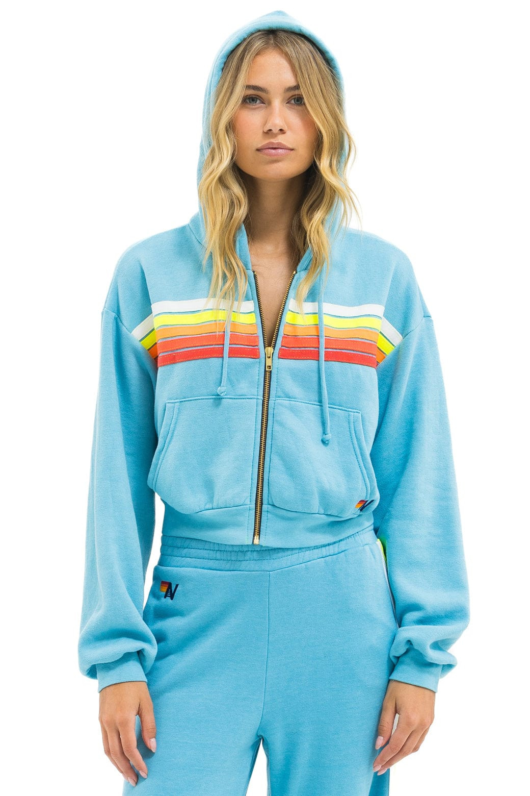 5 STRIPE CROPPED ZIP HOODIE RELAXED - AQUA // WHITE NEON | Aviator Nation