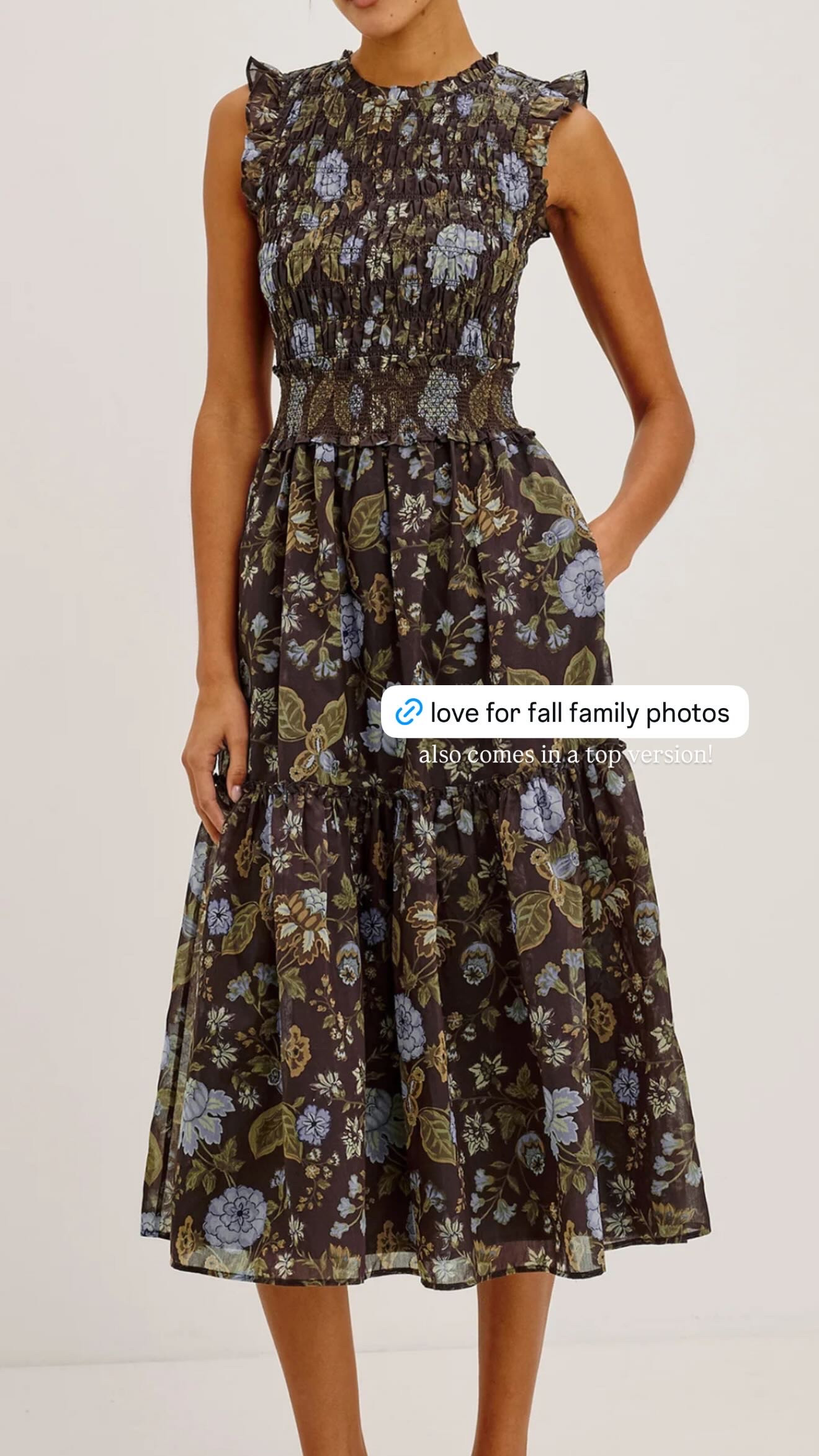 love this for fall family photos! the chocolate floral with soft blue + olive tones gives you so many easy colors to coordinate everyone else around, and the smocked waist + ruffle details make the silhouette so flattering. also love that this print comes in a top version if you want the same fall palette in something a little more casual!  

 
