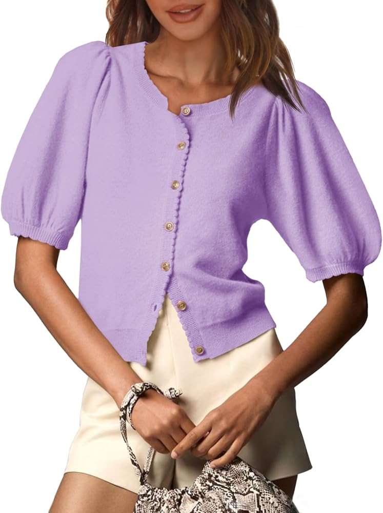 Saodimallsu Womens Puff Short Sleeve Cardigan Lightweight Summer Button Down Shirts Knit Crew Nec... | Amazon (US)