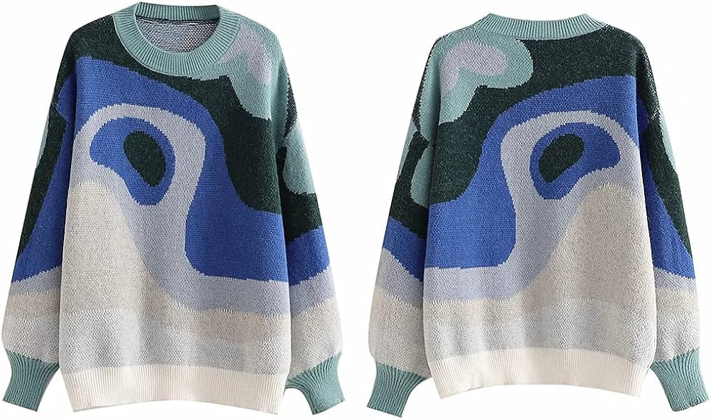 MISSACTIVER Women Casual Knitted Mock Neck Sweater Print Colorblock Long Sleeve Loose Fit Pullove... | Amazon (US)