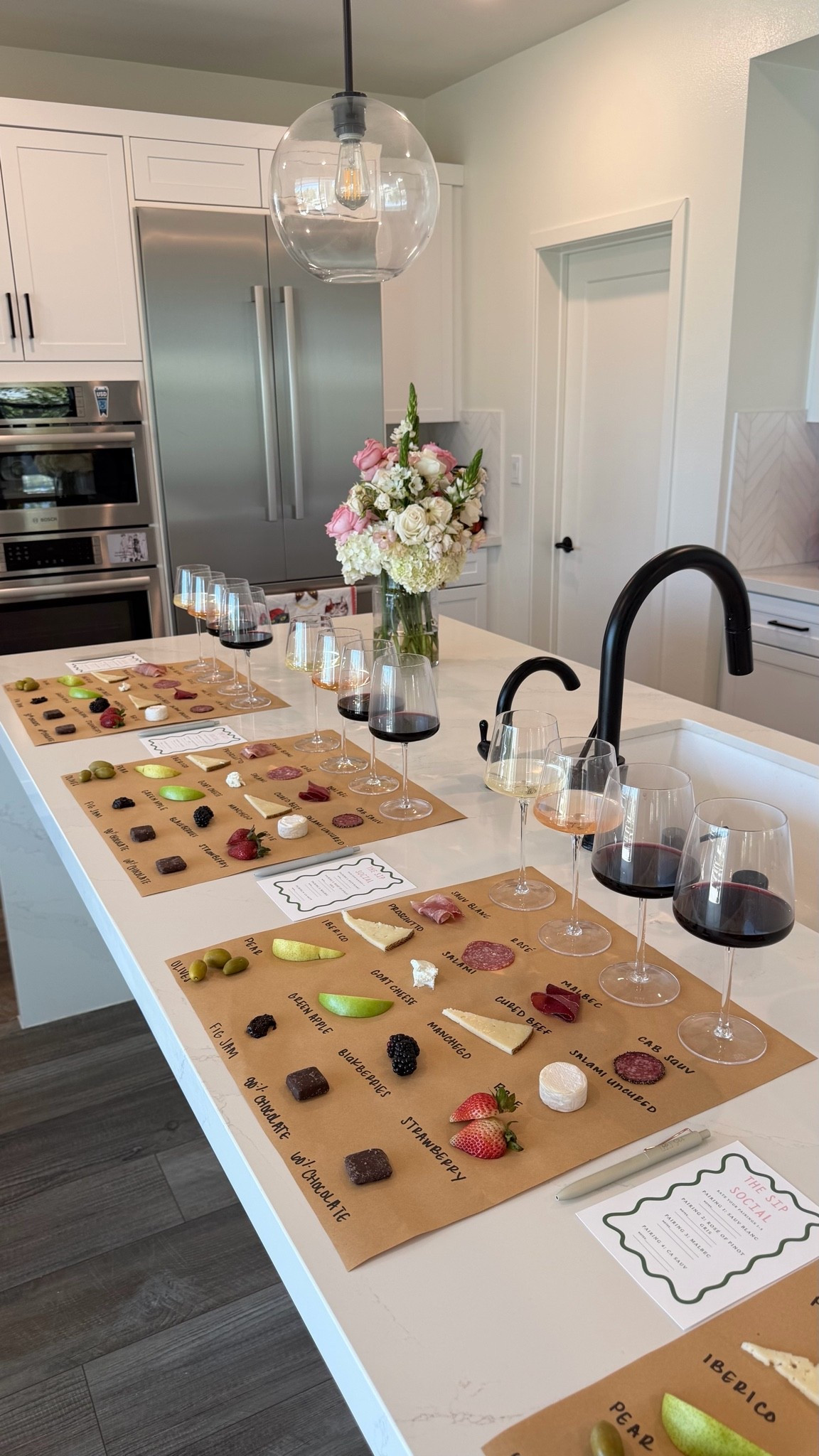 Wine tasting at home diy! 

Glass wine stems and brown paper for the tasting place mats