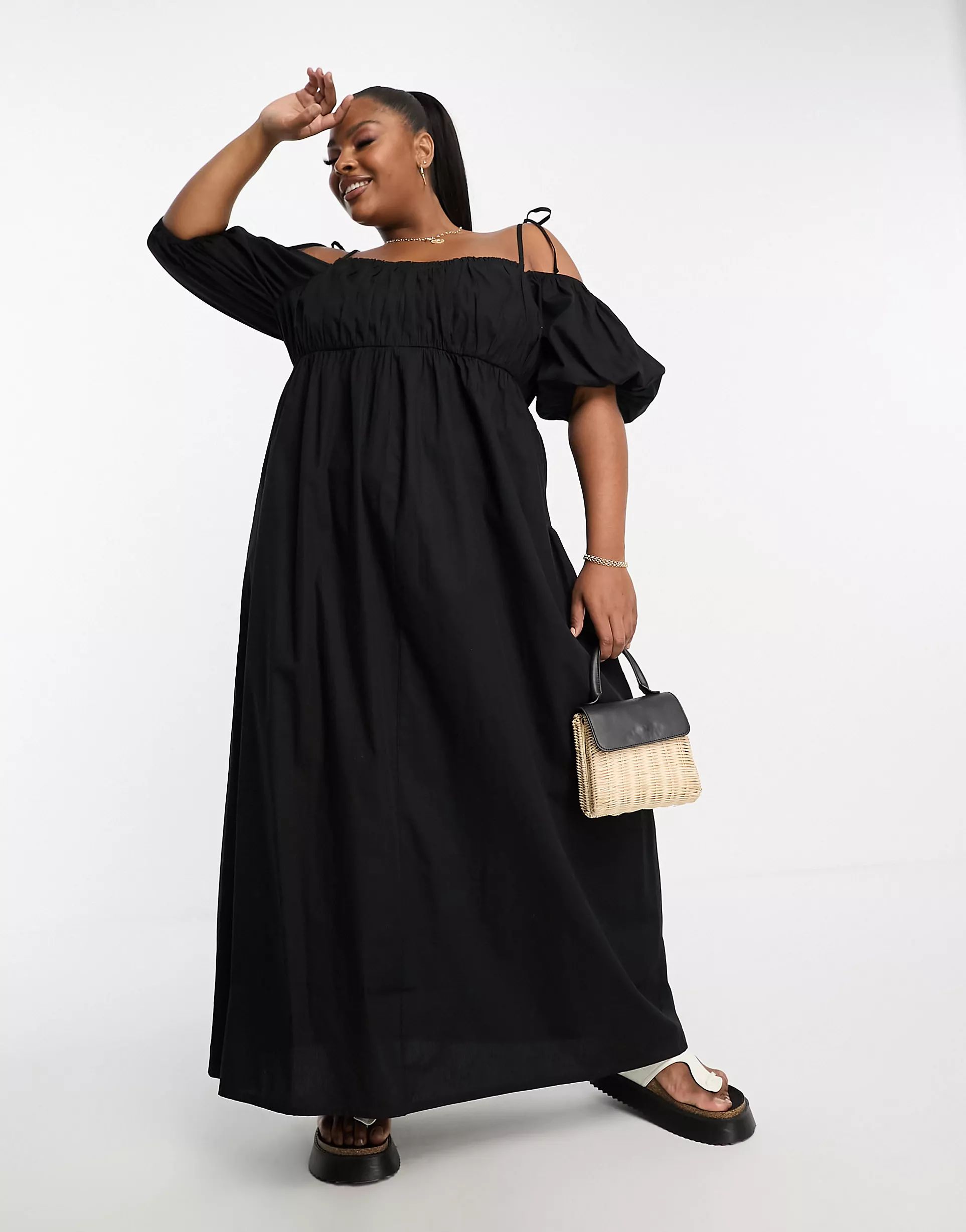 ASOS DESIGN Curve off shoulder cotton maxi dress with ruched bust detail in black | ASOS | ASOS (Global)
