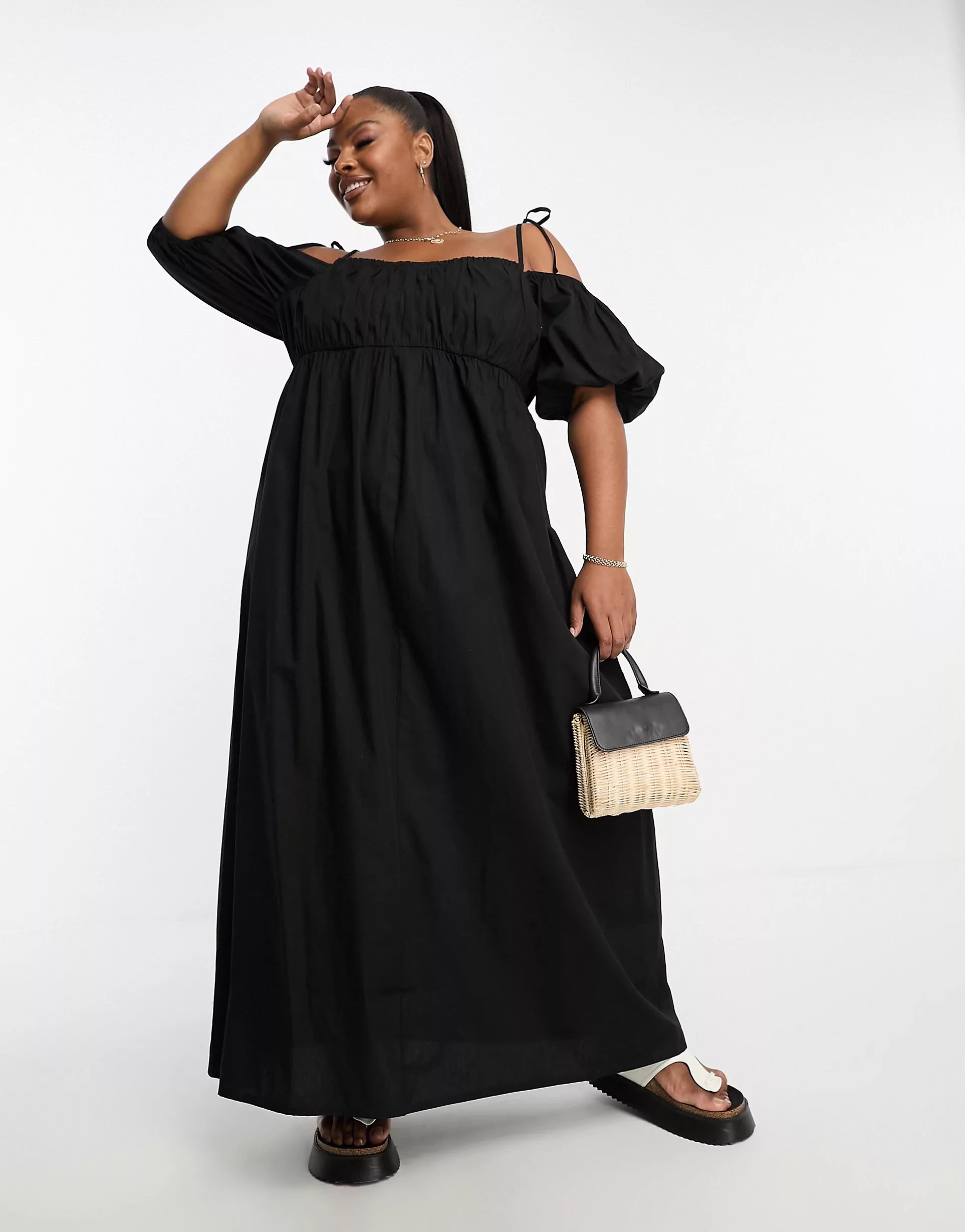 ASOS DESIGN Curve off shoulder cotton maxi dress with ruched bust detail in black | ASOS | ASOS (Global)