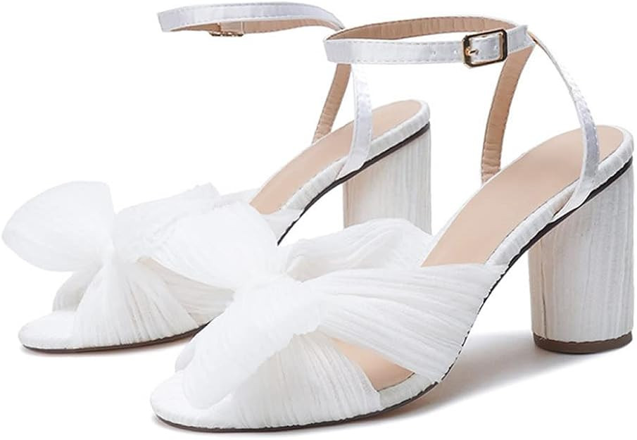 YIYA Women's Open Toe Ankle Strap Heeled Sandals Bowknot Chunky Heels Dress Party Bridal Wedding ... | Amazon (US)