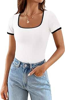 PRETTYGARDEN Womens Summer Short Sleeve T Shirts Ribbed Knit Square Neck Color Block Slim Fitted ... | Amazon (US)