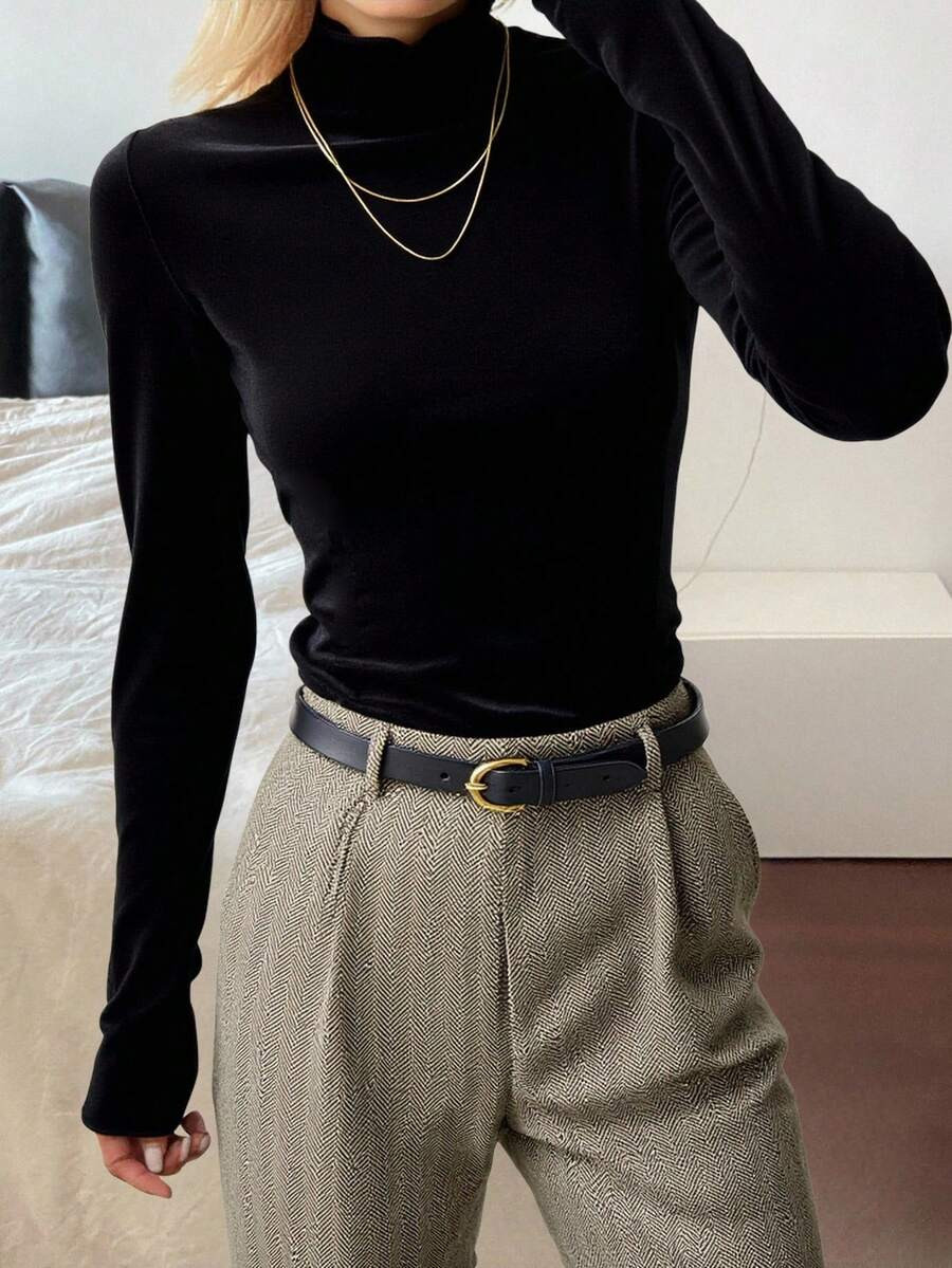Livesso Women Velvet Solid Color Black Long Sleeve Casual T-Shirt,Fall Women Clothes Turtleneck W... | SHEIN