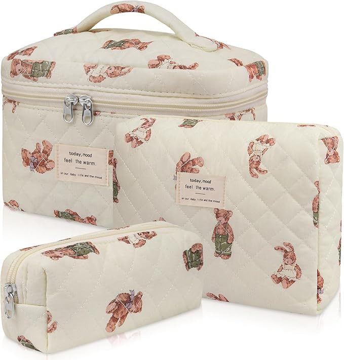 3pc Makeup Bag Set, Quilted Makeup Bag Set, Large Floral Cosmetic Bag for Women, Cute Cotton Make... | Amazon (US)
