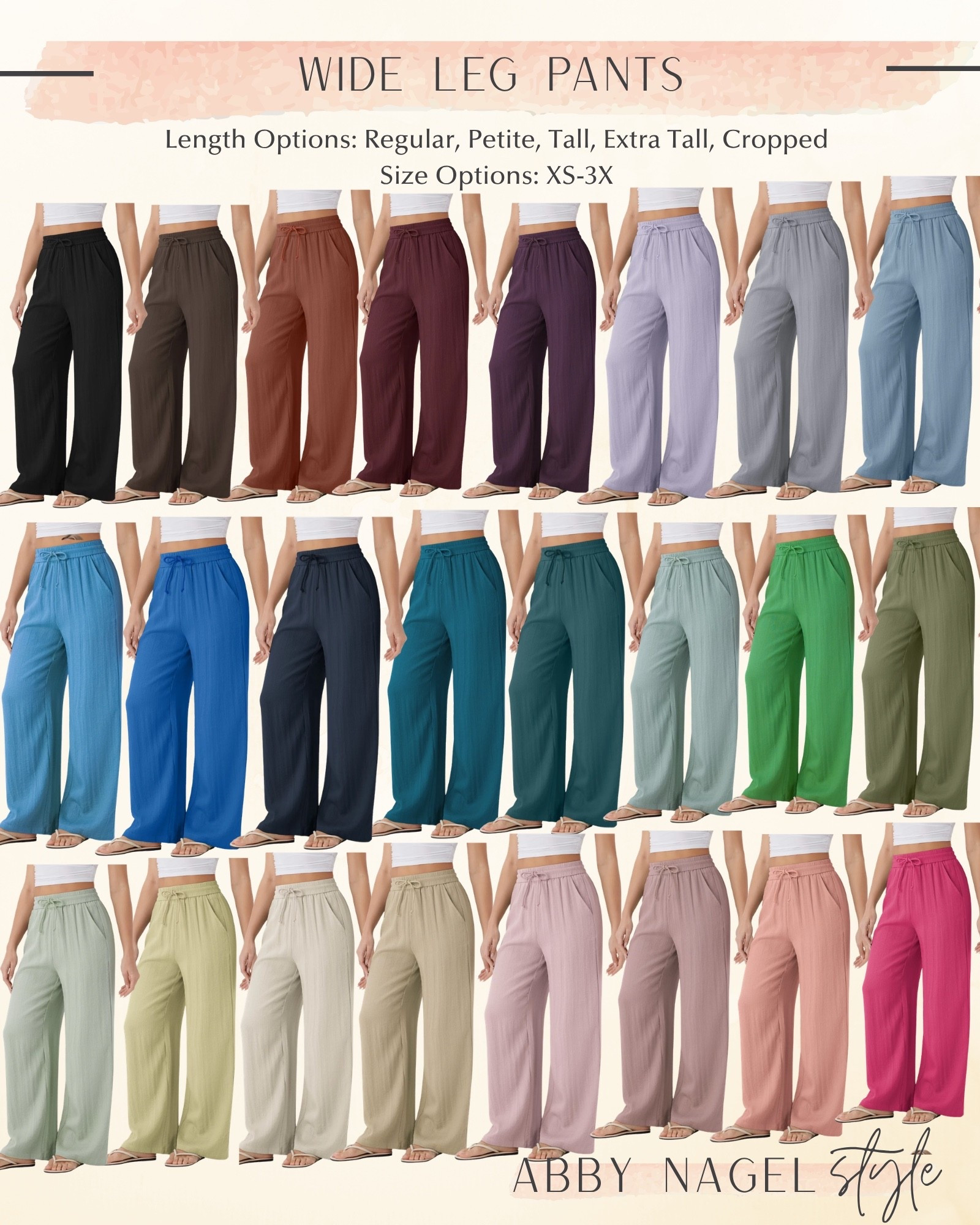 Wide Leg Pants — Colors by Season

Autumn: Field of Rye, Golden Mist, Chocolate Martini, Loden Green, Sequoia, Atlantic Deep, Mineral Red, Crystal Teal

Winter: Black, Whisper White, Steel Gray, Strong Blue, Raspberry Sorbet, Zinfandel

Spring: Kelly Green, Steel Grey, Strong Blue, Fields of Rye

Summer: Azure Blue, Italian Plum, Mauveglow, Ether, Dark Blue, Mountain Spring, Zingandel, Wanderlust-Lilac, Crystal Teal, Deauville Mauve, Pale Aqua

#LTKWorkwear #LTKPetite #LTKTravel