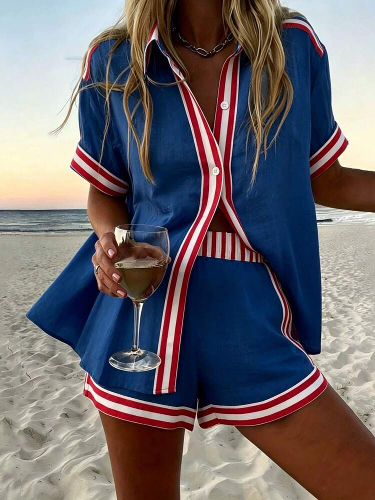 Independence Day Blue Base With Red White Striped Trim Loose Lapel Shirt & Casual Elastic Waist S... | SHEIN