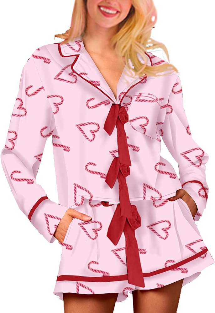 Women Silk Christmas Pajamas 2 Piece Satin Xmas Pjs Striped Print Long Sleeve Bow Tie Shirt Short... | Amazon (US)