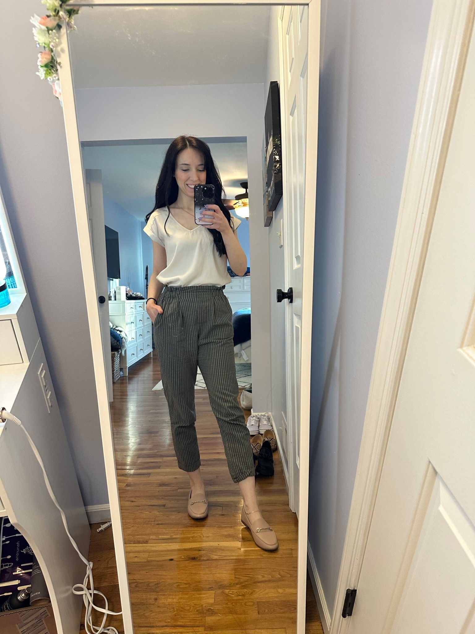 Whit tee size XS
Green pants size S
Tan loafers size 6.5

Work outfit, workwear, spring, causal, minimalist, millennial, easy 

#LTKWorkwear #LTKStyleTip #LTKFindsUnder100