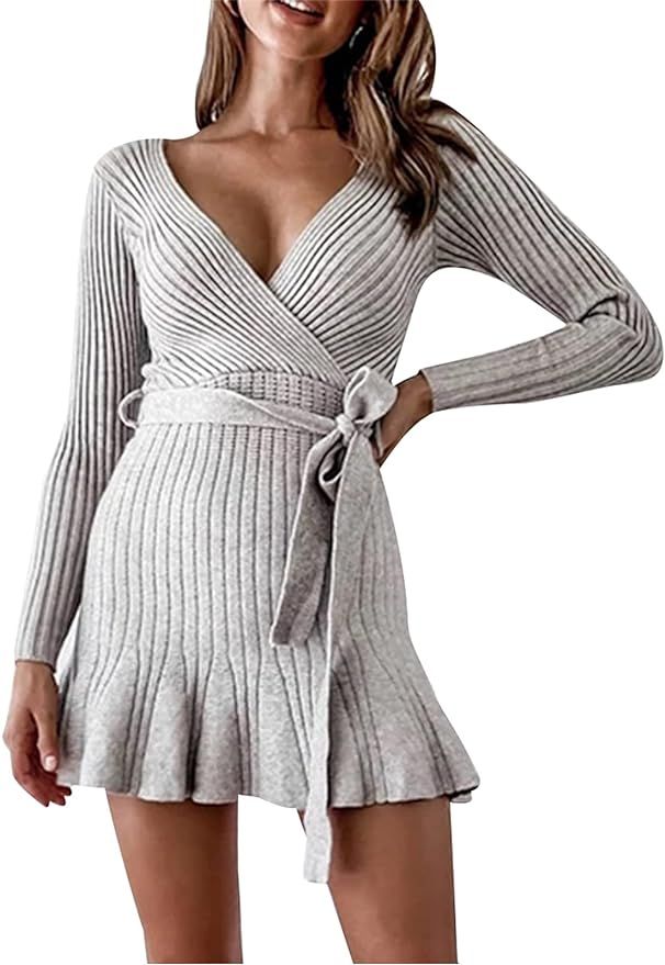 Simple Flavor Women's Sexy Wrap V Neck Sweater Dress Long Sleeve Knitted Ruffle Hem Mini Dress wi... | Amazon (US)