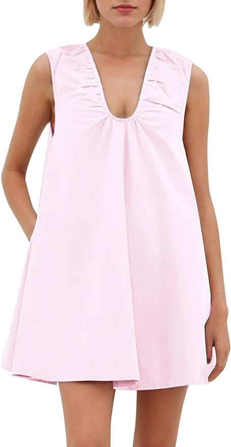 Women's Sleeveless Babydoll Tank Mini Dress Scoop Neck Ruched Bubble Dress with Pockets Short Sum... | Amazon (US)
