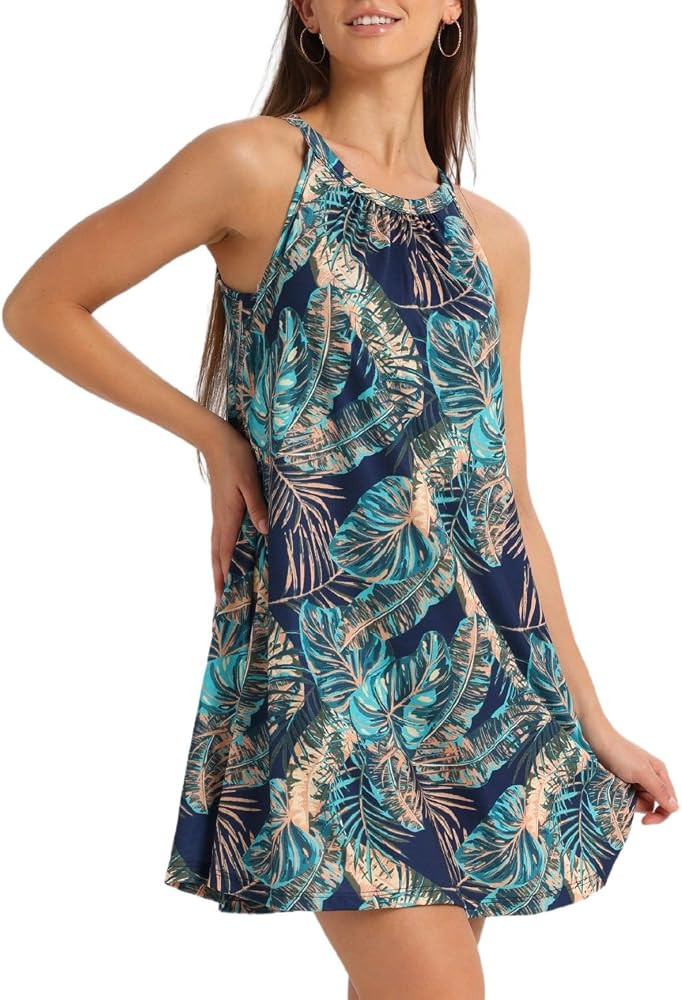 ANYFITTING Summer Dress with Built in Bra Casual Beach Sundress Flowy Halter Mini Short Dresses f... | Amazon (US)