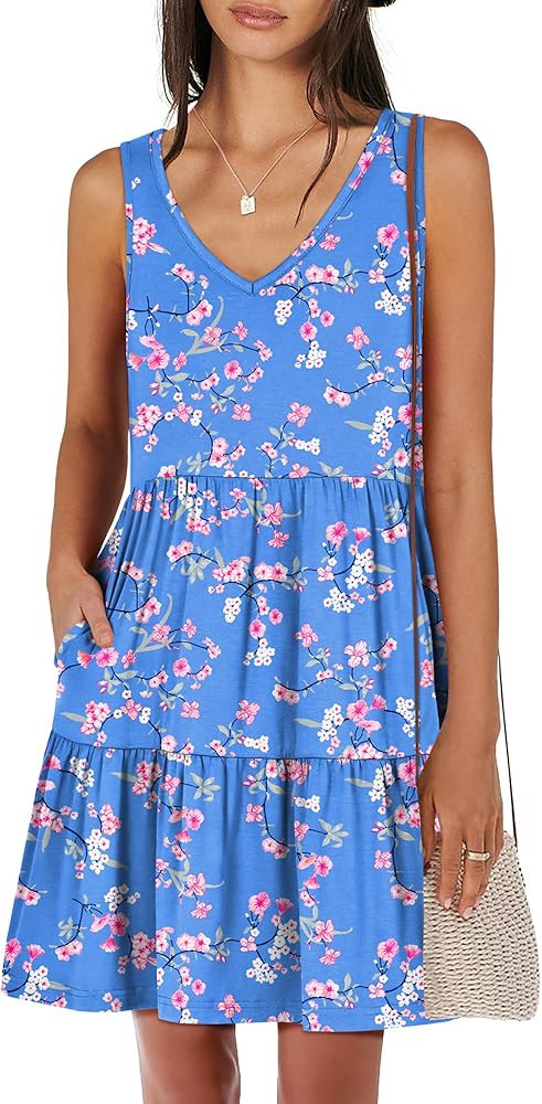ANRABESS Womens Summer Casual Tank Dress Sleeveless V Neck T Shirt Sundress Flowy Tiered Swing Mi... | Amazon (US)