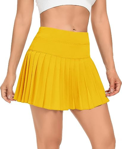 DERCA Pleated Tennis Skirt for Women with Pockets Shorts Athletic Golf Skirts Workout Sports Activewear Skort (Yellow,Large) | Amazon (US)
