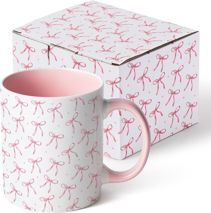 R HORSE Pink Bow Coffee Cup - 11.2oz Watercolor Ceramic Coffee Mug, Cute Coquette Tea Milk Cup fo... | Amazon (US)