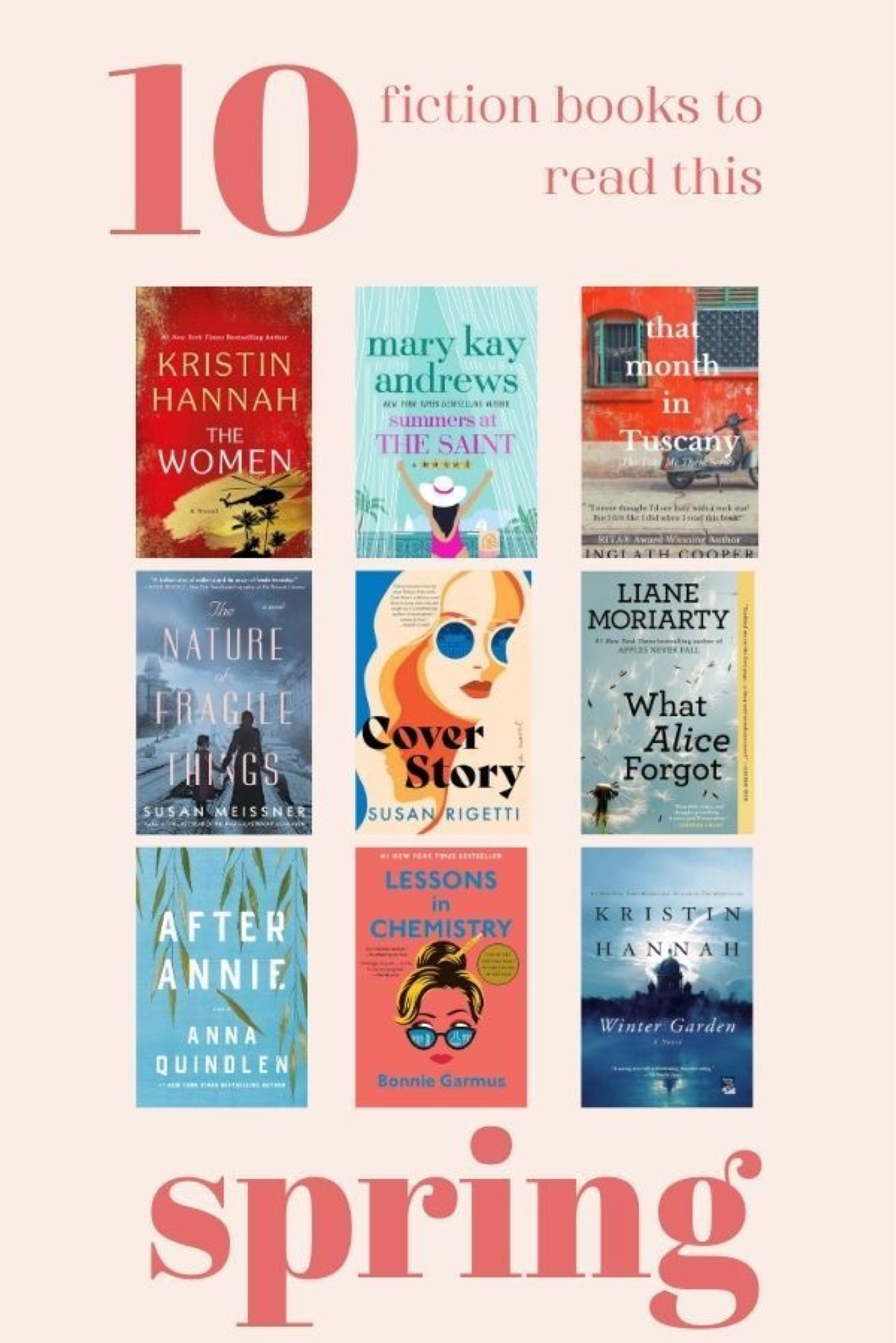10 fiction books to read this spring! I’ve read most of these and truly love them! Happy reading!

#books #springbooks #fictionbooks 

#LTKhome #LTKU #LTKSeasonal