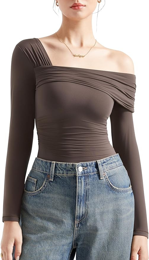 SUUKSESS Women One Off The Shoulder Winter Tank Tops Ruched Long Sleeve Shirts | Amazon (US)